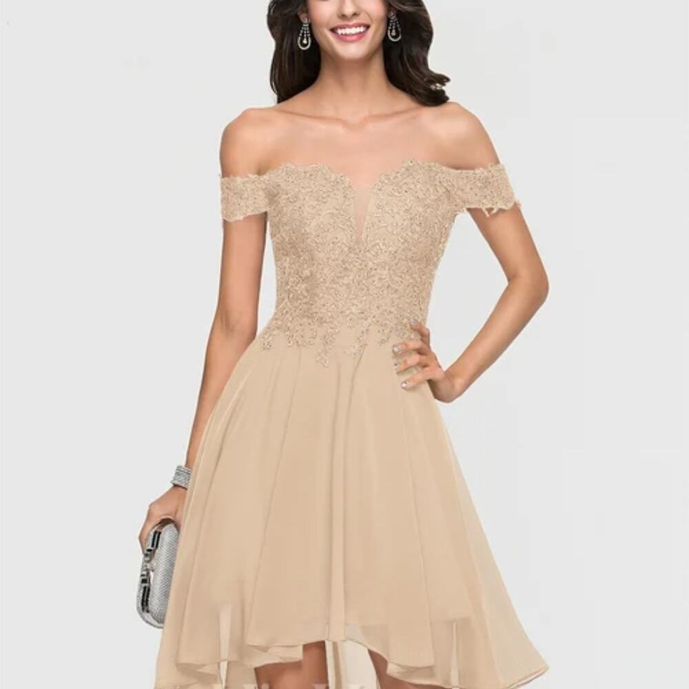 NWT -JJs House Champagne Fit and Flare Off-Shoulder Dress